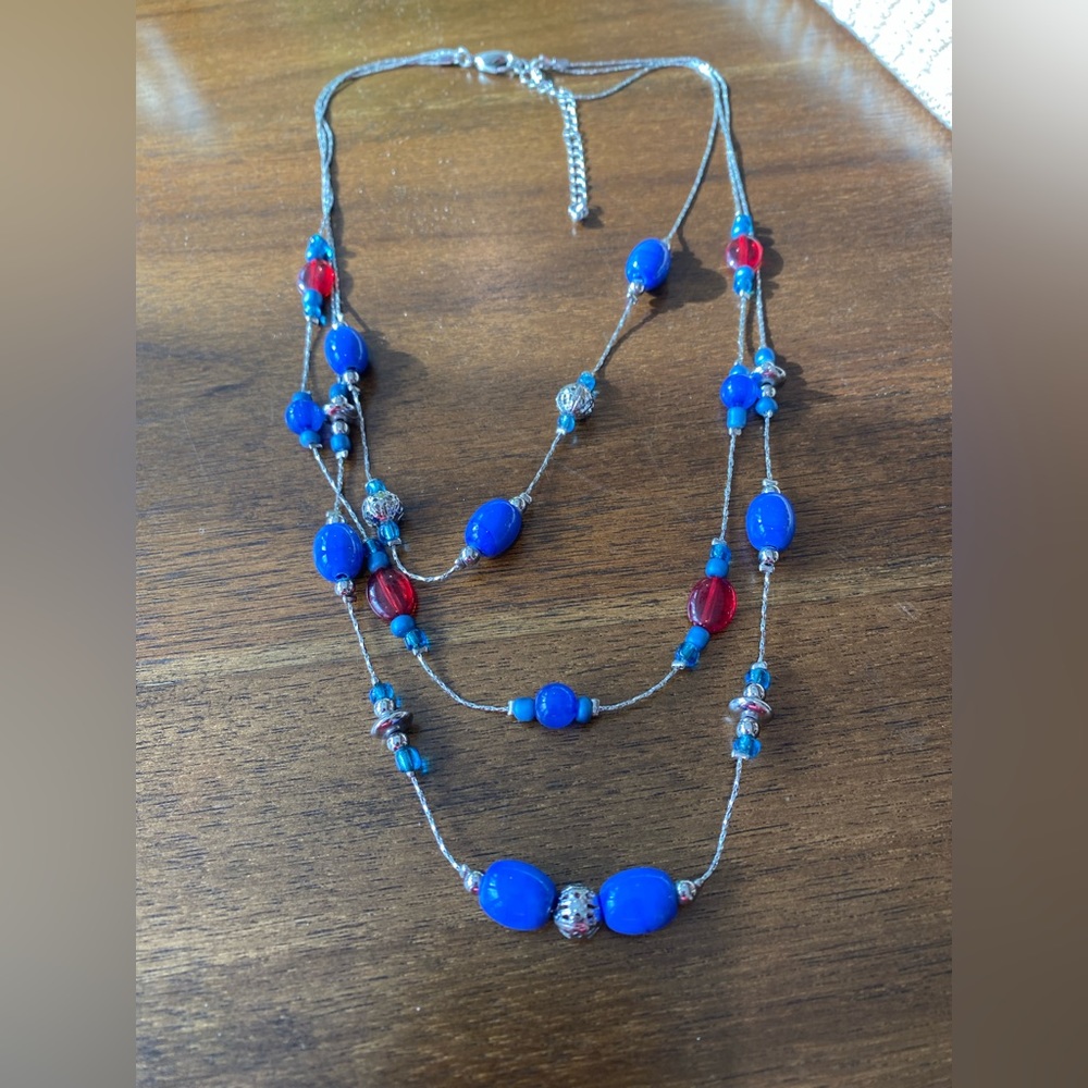 Red, silver and blue multi-strand necklace